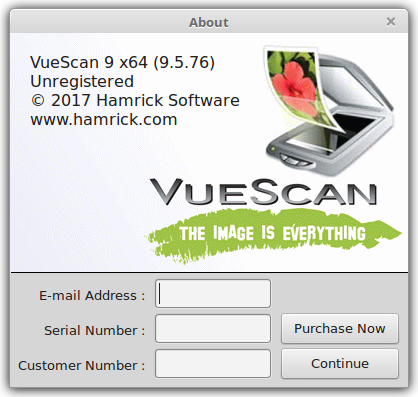 Vuescan About screen showing the version
